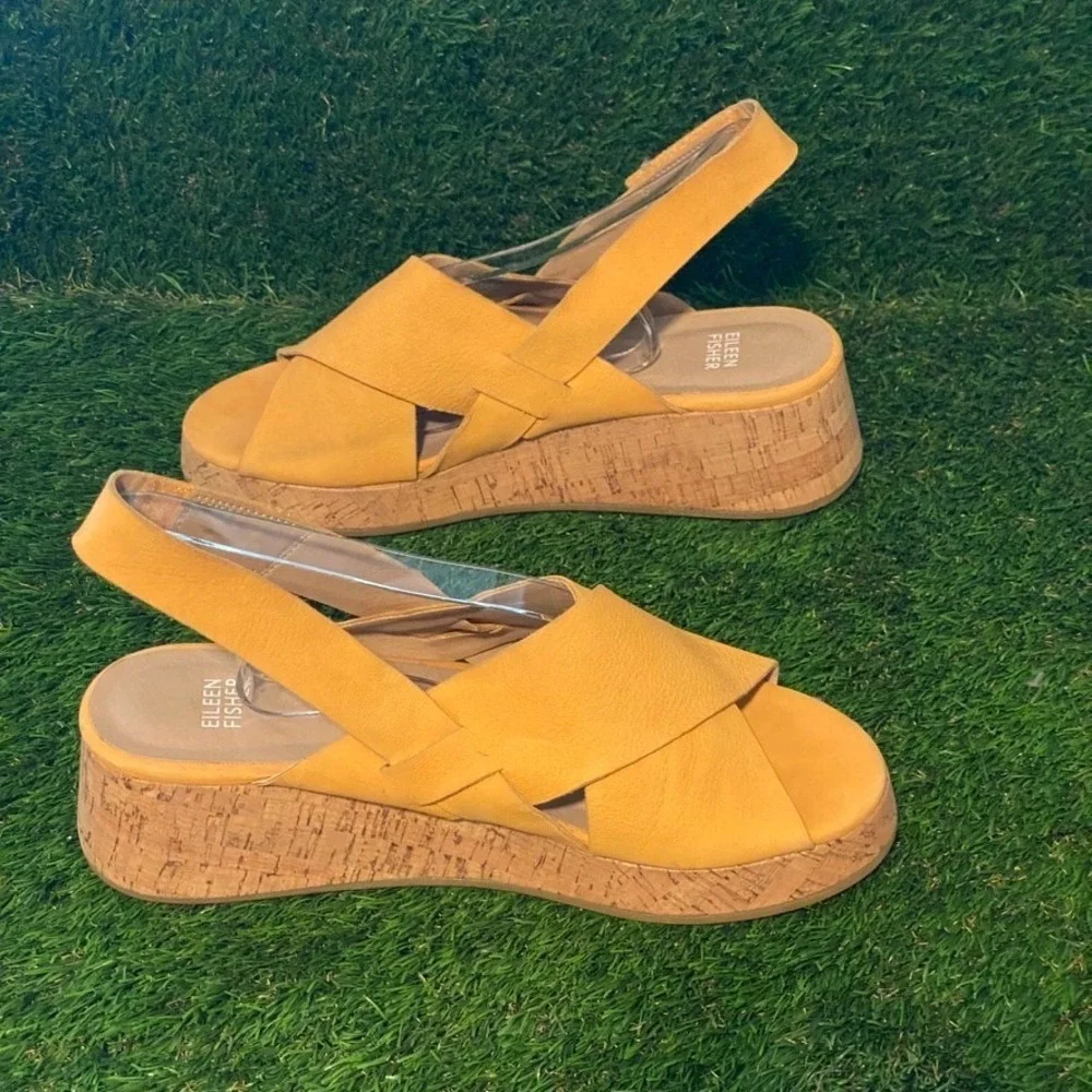Eileen Fisher Yellow Wedge Sandals Espadrille Criss Cross Women's Size 9